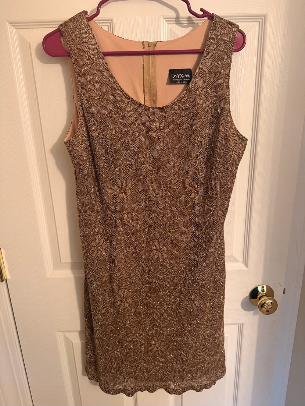 Onyx Nite Gold Lace Sheath Dress with Floral Overlay